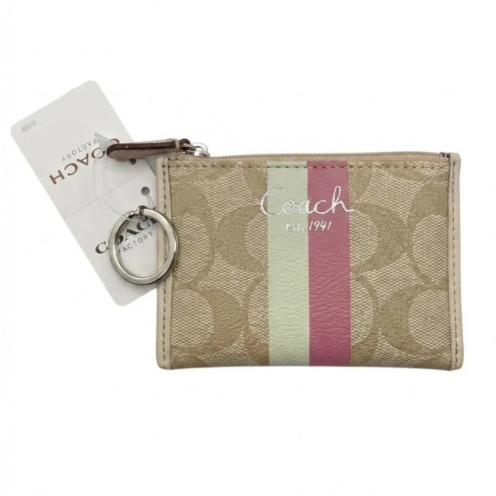 Coach Mini Skinny ID Case Khaki Pink Signature Monogram F43552 New With Tags